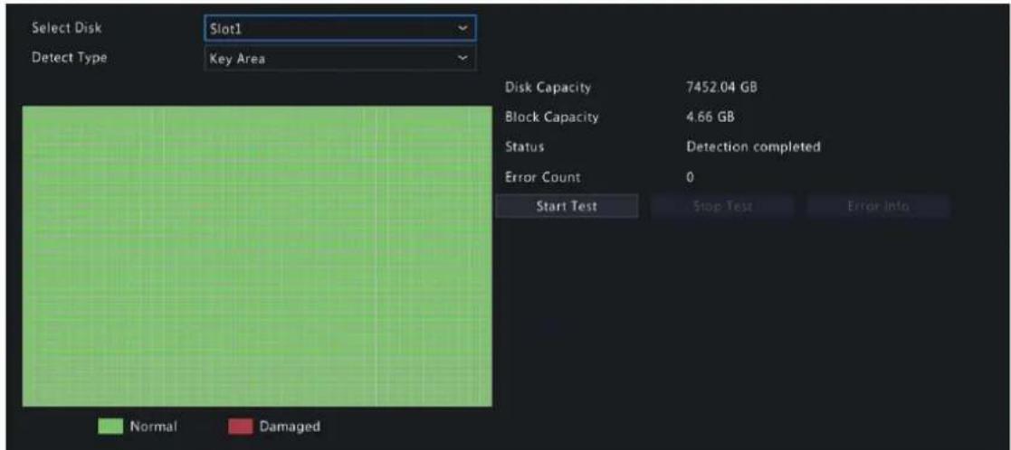Select Disk Slot1 Detect Type Key Area Disk Capacity 7452.04 GB Block Capacity 4.66 GB Status Detection completed Error Count 0 Start Test Stop Test Error Info Normal Damaged