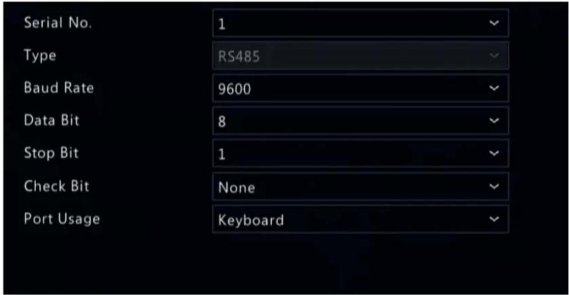 Serial No. 1 Type RS485 Baud Rate 9600 Data Bit 8 Stop Bit 1 Check Bit None Port Usage Keyboard