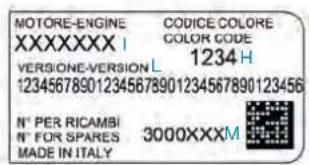 MOTORE-ENGINE CODICE COLORE XXXXXXXXI COLOR CODE 1234 H VERSIONE-VERSION L 123456789012345678901234567890123456 N° PER RICAMBI 3000XXXM N° FOR SPARES MADE IN ITALY