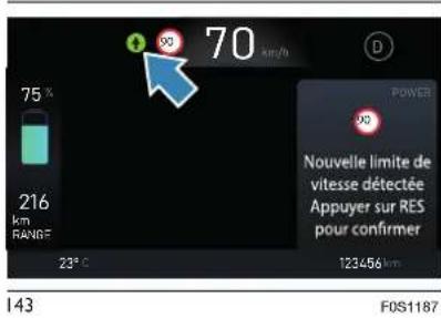 70 km/h 75 % 216 km RANGE 23°C POWER 90 Nouvelle limite de vitesse détectée Appuyer sur RES pour confirmer 123456 km 143 F0S1187