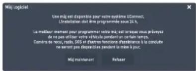Maj logiciel Une mai est disponible pour votre système UConnect, L'installation dont une programmée sous 24 h. Le meilleur moment pour programmer votre mai est lorsque vous préveyez de ne pas utiliser votre véhicule pendant un certain temps. Combre de renus, radio, SOS et équation fonctionne détaîtr…
