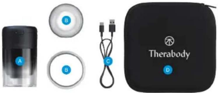 Product display image showing a Therabody device with labeled buttons (A, B, C, D) and a transparent container (no readable text or symbols beyond labels)
