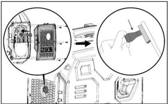 Technical diagram showing a device assembly process with zoomed-in views and component details