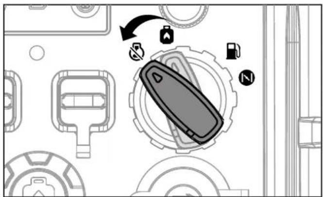 Diagram showing a car interior with labeled icons for fuel, storage, and parking, indicating navigation or safety instructions.