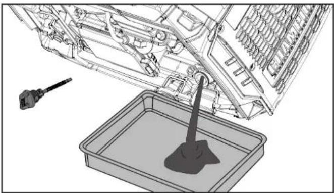 Technical line drawing of a mechanical assembly with a tool and a tray, no visible text or symbols