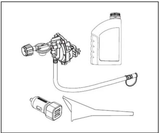 Technical line drawing of a spray gun assembly with a bottle, nozzle, and funnel (no text or labels)