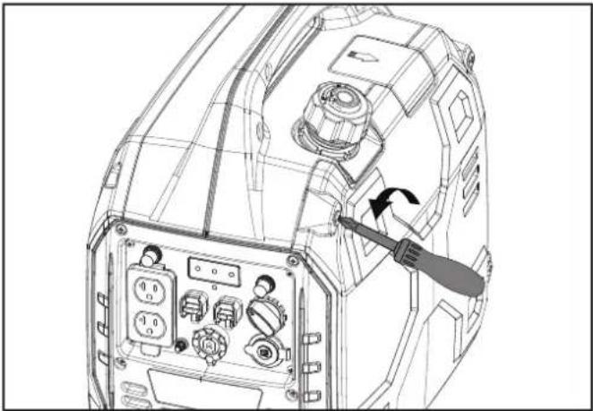 Technical line drawing of a mechanical device with internal components and a screwdriver inserted (no text or symbols)