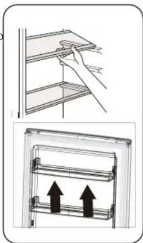 Diagram showing a hand installing or adjusting a shelf panel and a mechanical device with two upward arrows (no text or symbols)