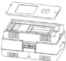 Technical line drawing of a device casing with internal compartments and a lid (no text or symbols)