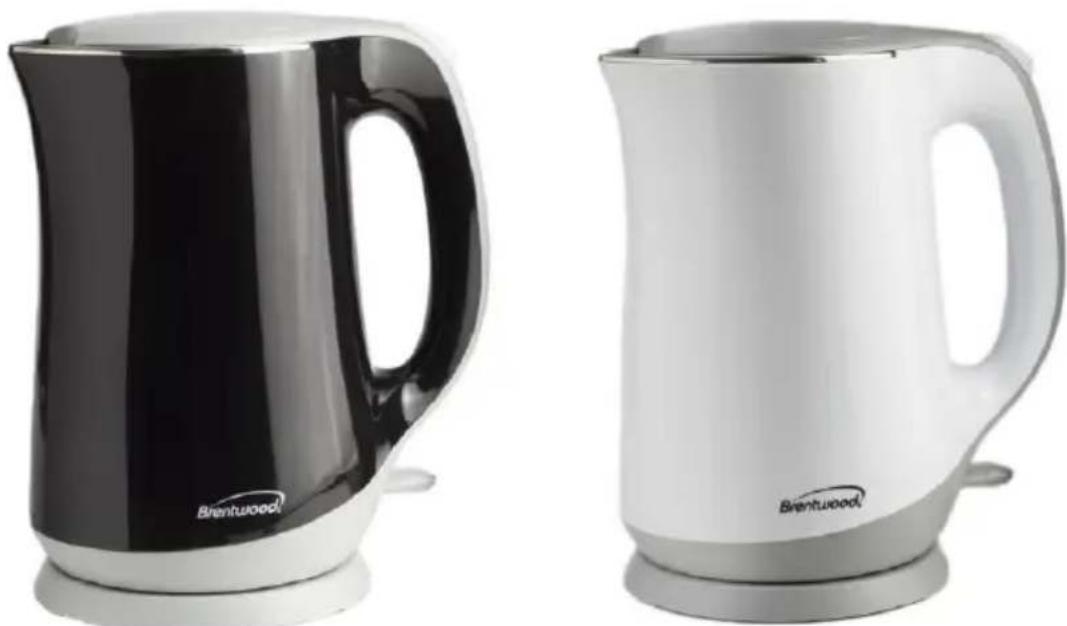 Two Brentwood water heaters side by side, black and white with no visible text or symbols on the main objects.
