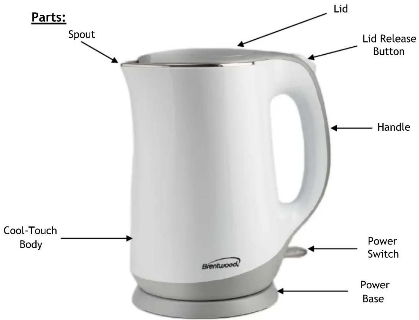 Parts: Spout Lid Lid Release Button Handle Cool-Touch Body Brentwood. Power Switch Power Base