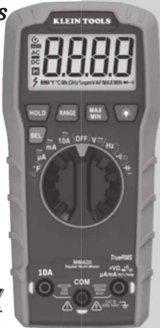 KLEIN TOOLS 8.8.8.8 AC DC H HDD/°F °C Mix GHz Synum V AF MAX MIN HOLD RANGE MAX MIN SEL 10A OFF V mA μA °C TrueRMS MM420 Digital Micro-Manager +VΩ μA mA max temp 10A COM 10A MAX Ground MAX OUTB MEN MAX