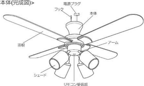 本体(完成図)> 電源プラグ フック 本体 羽根 アーム シェード リモコン受信部