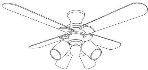Line drawing of a five-bladed ceiling fan with blades and central hub (no text or symbols)
