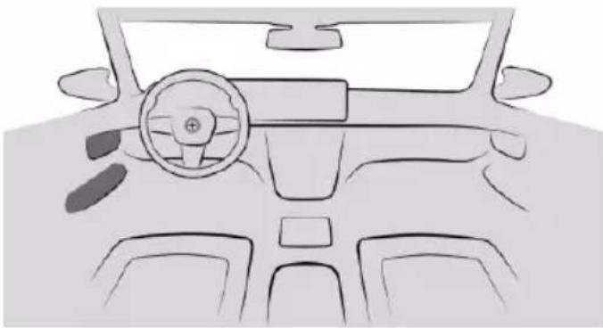Front view line drawing of a car dashboard and steering wheel (no text or symbols)