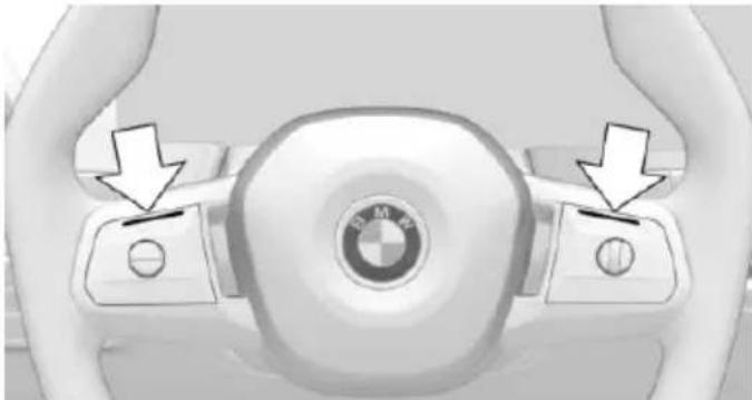 Top-down view of a car steering wheel with BMW logo and directional arrows indicating control buttons (no text or symbols on the diagram itself)