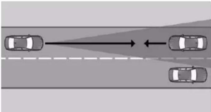 Top-down diagram of a road with three cars, showing traffic flow direction (no text or symbols)