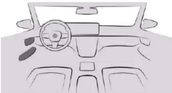 Front view line drawing of a car dashboard and steering wheel (no text or symbols)
