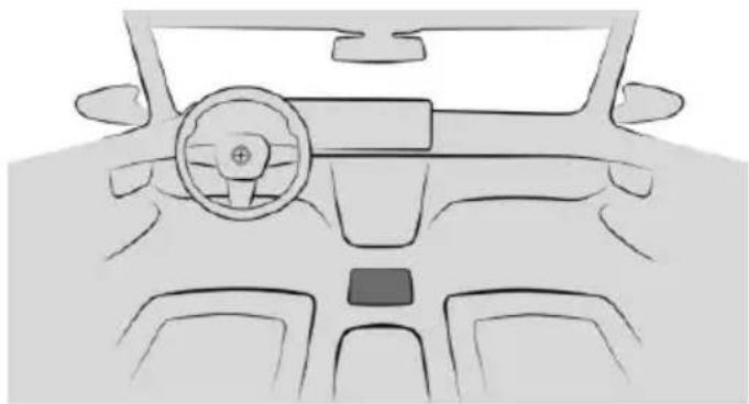 Front view line drawing of a car dashboard and steering wheel (no text or symbols)