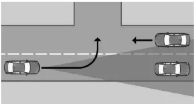 Top-down diagram of a road with three cars and directional arrows indicating movement (no text or symbols)