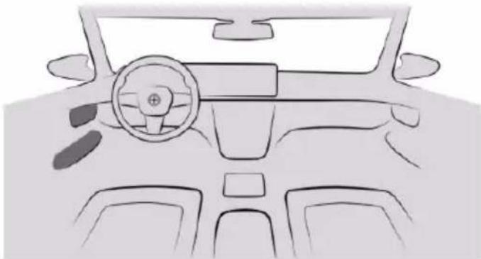 Front view line drawing of a car dashboard and steering wheel (no text or symbols)