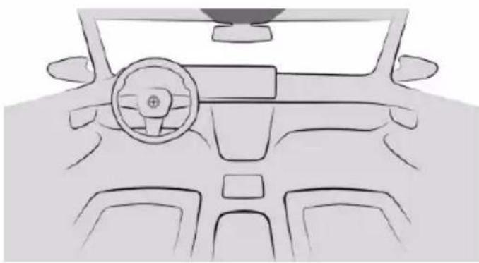 Front view line drawing of a car dashboard and steering wheel (no text or symbols)