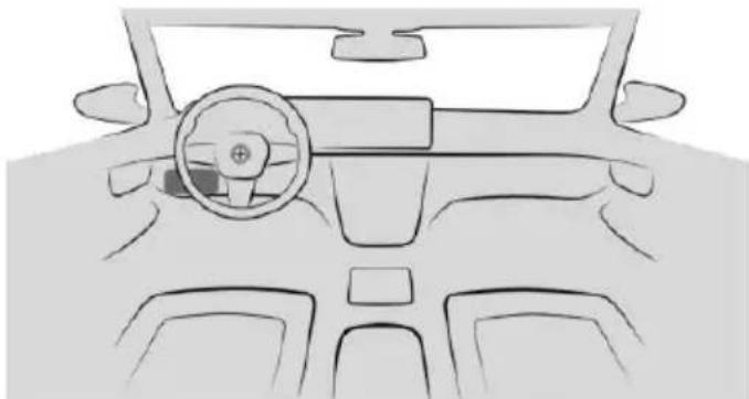 Front view line drawing of a car dashboard and steering wheel (no text or symbols)