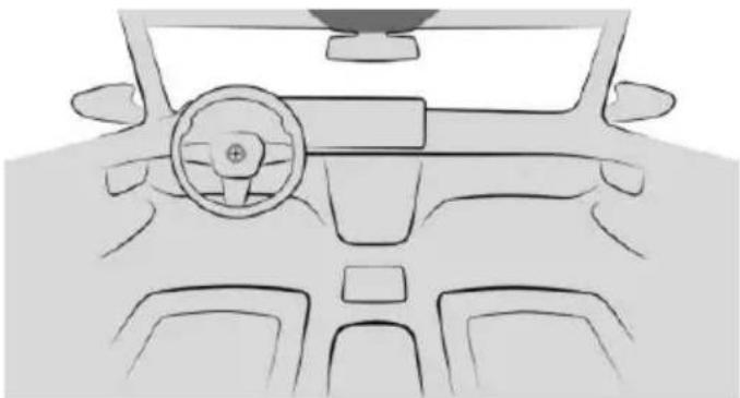 Front view line drawing of a car dashboard and steering wheel (no text or symbols)