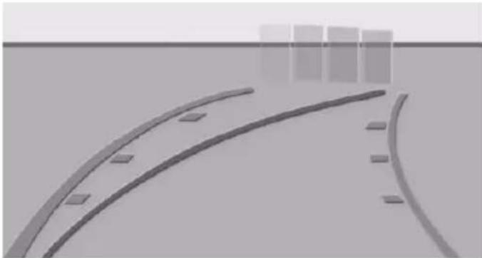 Abstract 3D rendering of curved road surfaces with rectangular markers, no text or symbols present