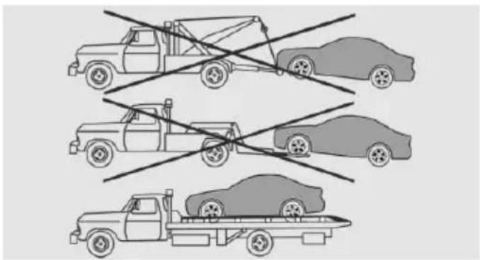 Illustration of three cars on a flatbed truck with diagonal lines indicating lanes or crossing (no text or symbols)