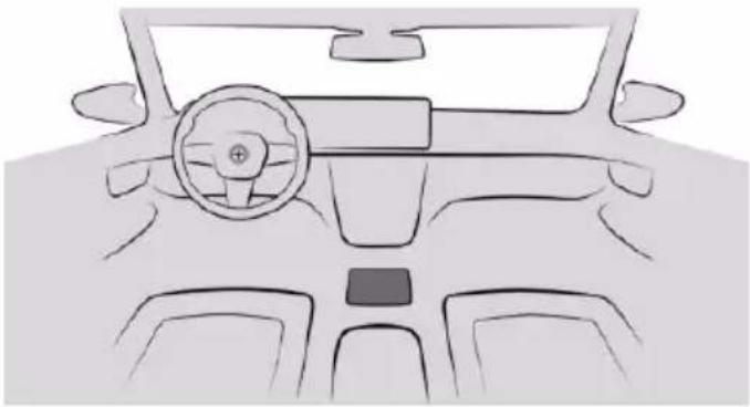 Front view line drawing of a car dashboard and steering wheel (no text or symbols)