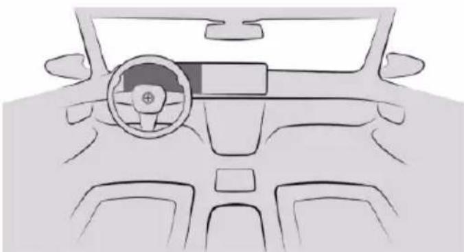 Front view line drawing of a car dashboard and steering wheel (no text or symbols)