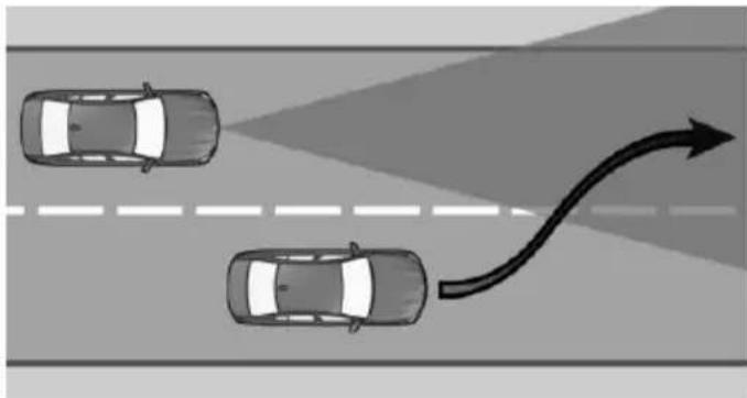 Top-down diagram of two cars on a road with an arrow indicating direction (no text or symbols)