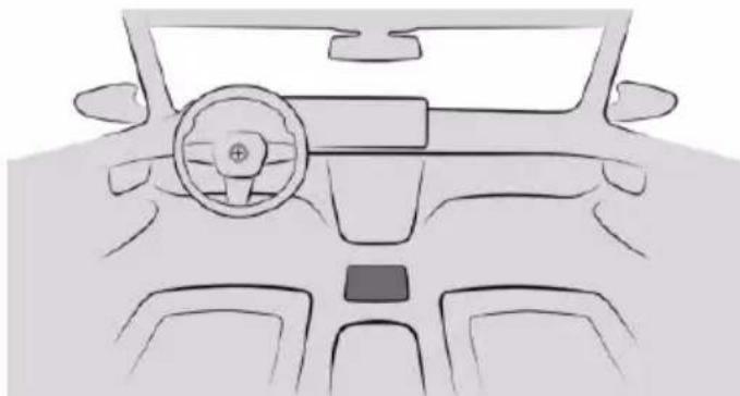Front view line drawing of a car dashboard and steering wheel (no text or symbols)
