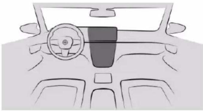 Front view line drawing of a car dashboard and steering wheel (no text or symbols)