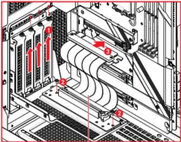 Schéma technique d'un rack de serveur avec des composants numérotés et des flèches rouges indiquant un flux ou un mouvement directionnel.