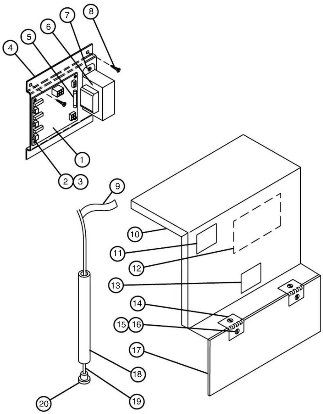Technical diagram of an electronic device with numbered components and wiring connections