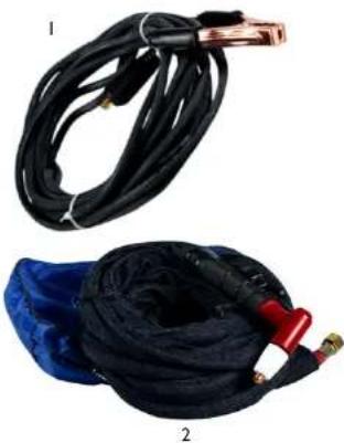 Two types of electrical connectors and hoses, one black with copper connectors and the other blue with a red oxygen plug (no text or symbols visible)
