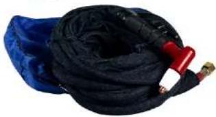 Coiled black hose with red and gold connectors, lying on blue fabric (no text or symbols visible)