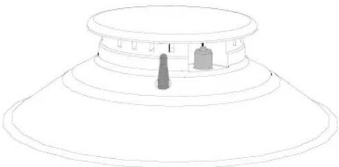 Line drawing of a conical-shaped object with a central cylindrical component and two small protrusions (no text or symbols)