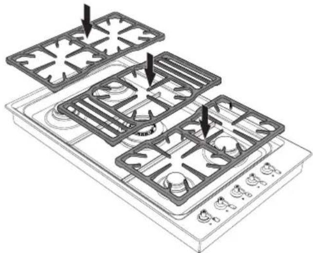 Isometric line drawing of a gas stove with multiple grilles and control switches (no text or symbols)