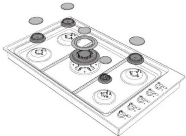 Isometric line drawing of a gas stove with multiple rotary gauges and control panels (no text or symbols).