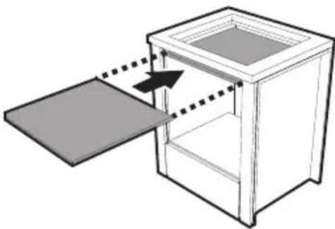 Diagram of a cabinet with an open lid and internal compartments, showing directional arrows (no text or symbols).