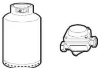 Line drawing of a gas cylinder and a mechanical component (no text or symbols).