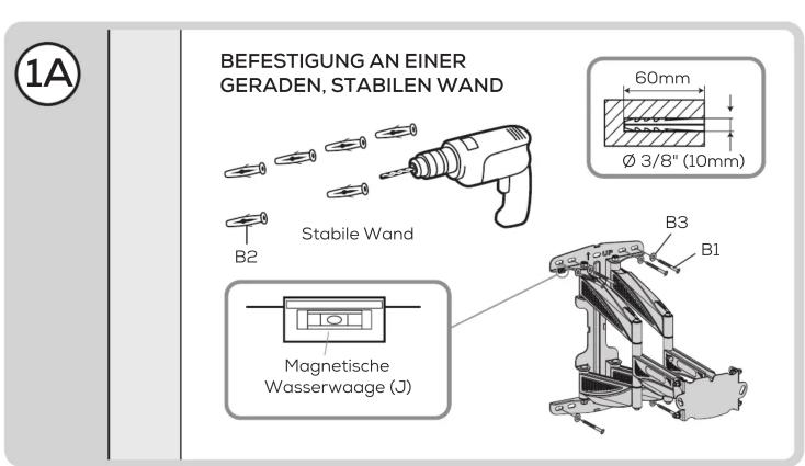 1A BEFESTIGUNG AN EINER GERADEN, STABILEN WAND Stabile Wand B2 60mm Ø 3/8" (10mm) B3 B1 Magnetische Wasserwaage (J)