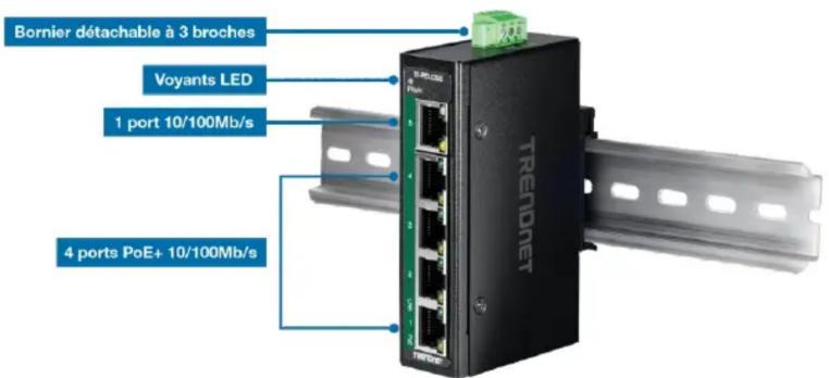 Bornier détachable à 3 broches Voyants LED 1 port 10/100Mb/s 4 ports PoE+ 10/100Mb/s