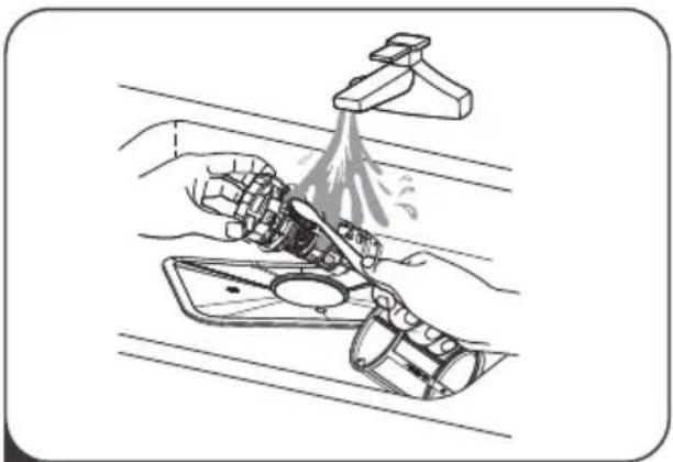 Illustration of a hand cleaning a kitchen sink with a faucet, showing spray and cleaning process (no text or symbols)