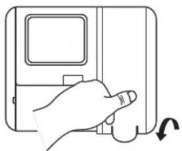 Line drawing of a hand pressing down on a device with a scroll icon (no text or symbols)
