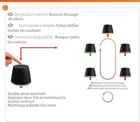 On product control: Browse through all colors Commande intégrée: Faites défilier toutes les couleurs Control en el producto: Busque todos los colores Double press and hold Appuyez deux fois et maintenez le boutien enforcé Mantenga pulsedo dos veces