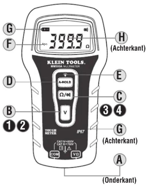 G F 399.9 Ω Apo KLEIN TOOLS. MM500A MULTIMETER A-HOLD Ω/Ω v TOUGH METER IP67 CATIV=600V CAT III=750V COM VΩ H (Achterkant) E C 3 4 B 1 2 G (Achterkant) A (Onderkant)